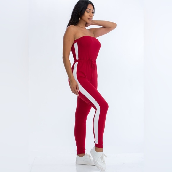 Red Tube Top White Line Trim Sleeveless Jumpsuit/Romper | NEW/NWT!! 🩶♥️ - Picture 1 of 5